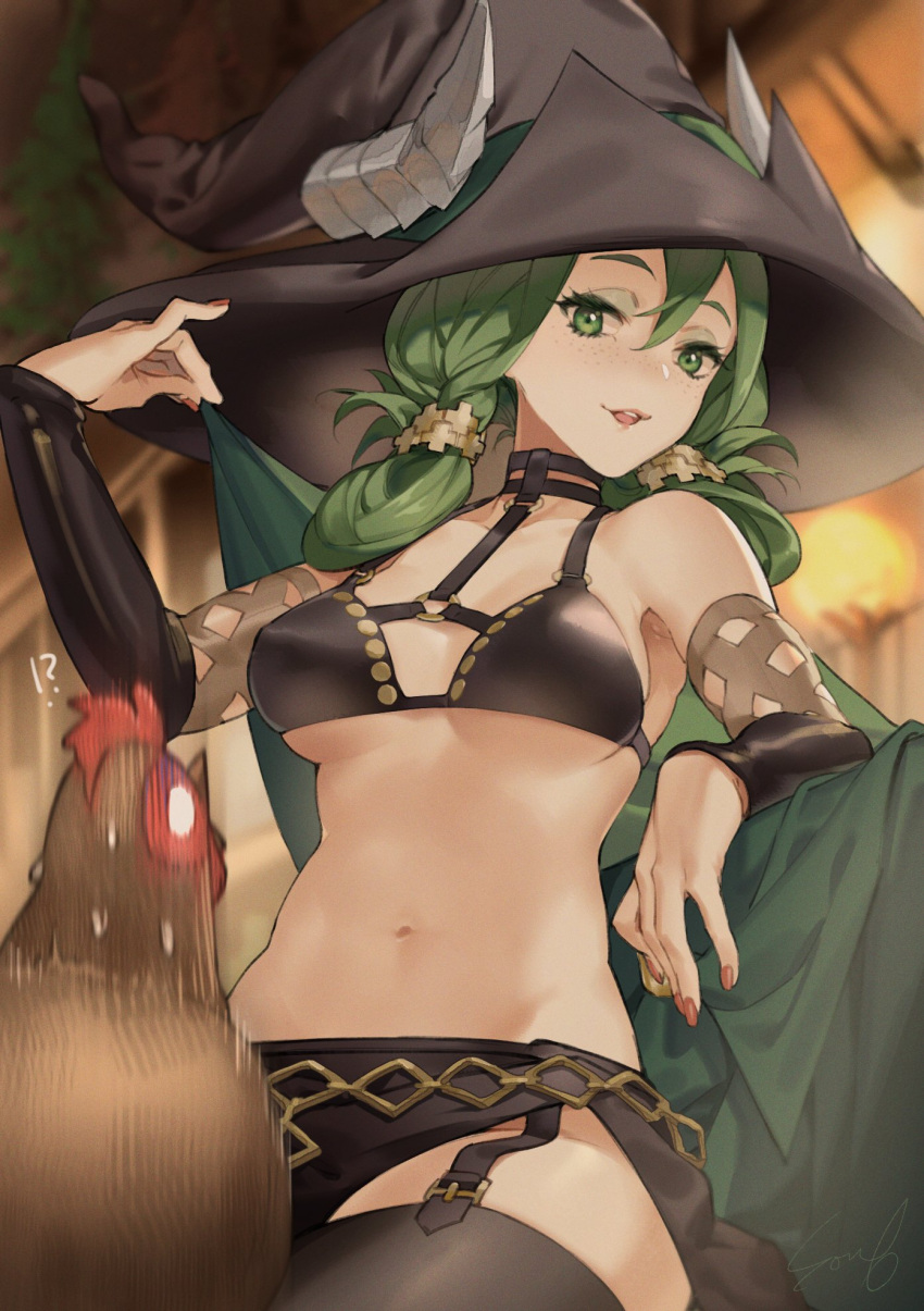 !? 1girl animal bikini bikini_top_only bird black_bikini black_hat black_skirt black_thighhighs breasts cape chicken cleavage fingernails freckles green_cape green_eyes green_hair hat highres large_hat long_hair looking_at_another medium_breasts mixed-language_commentary navel ouosoul parted_lips pink_nails skirt stomach sweat swimsuit thighhighs unicorn_overlord witch witch_hat yahna