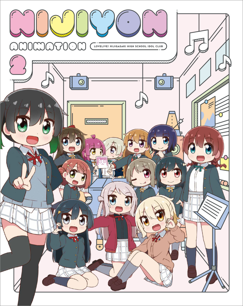 6+girls asaka_karin blazer brown_footwear buttons closed_jacket commentary_request copyright_name cover door dress_shirt emma_verde green_jacket highres indoors jacket konoe_kanata loafers love_live! love_live!_nijigasaki_high_school_idol_club metronome mia_taylor mifune_shioriko miniskirt miyako_hito miyashita_ai multiple_girls music_stand musical_note nakasu_kasumi neck_ribbon nijigasaki_academy_school_uniform nijiyon note official_art open_clothes open_jacket osaka_shizuku paper perspective plaid plaid_skirt pleated_skirt ribbon school_uniform sheet_music shirt shoes skirt speaker takasaki_yu tennoji_rina uehara_ayumu white_shirt white_skirt whiteboard yuki_setsuna_(love_live!) zettai_ryouiki zhong_lanzhu