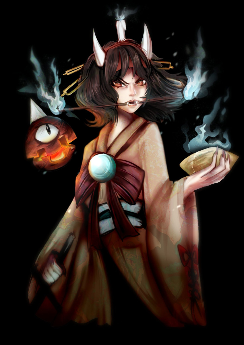 1other androgynous bad_id bad_twitter_id black_background blue_fire bow bowl brown_kimono brown_sleeves burabura candle_on_head commentary cropped_legs english_commentary eyelashes fangs fingernails fire hairband headband highres holding holding_bowl holding_weapon horns japanese_clothes kimono lantern len'en light_particles long_sleeves looking_at_viewer luo_qiangwei mouth_guard multiple_hairpins open_mouth orange_eyes other_focus pink_lips red_bow red_hairband red_headband sharp_fingernails simple_background taira_no_chouki v-shaped_eyebrows waist_bow weapon white_horns wide_sleeves