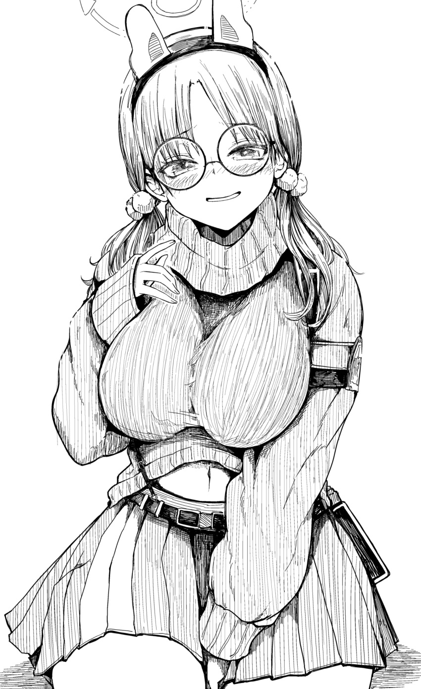1girl animal_ears between_legs blue_archive blush breasts fake_animal_ears glasses greyscale hair_ornament halo hand_between_legs haruyukiko highres large_breasts long_hair long_sleeves looking_at_viewer moe_(blue_archive) monochrome navel parted_lips pleated_skirt pom_pom_(clothes) pom_pom_hair_ornament rabbit_ears round_eyewear simple_background skirt sleeves_past_wrists smile solo sweat white_background