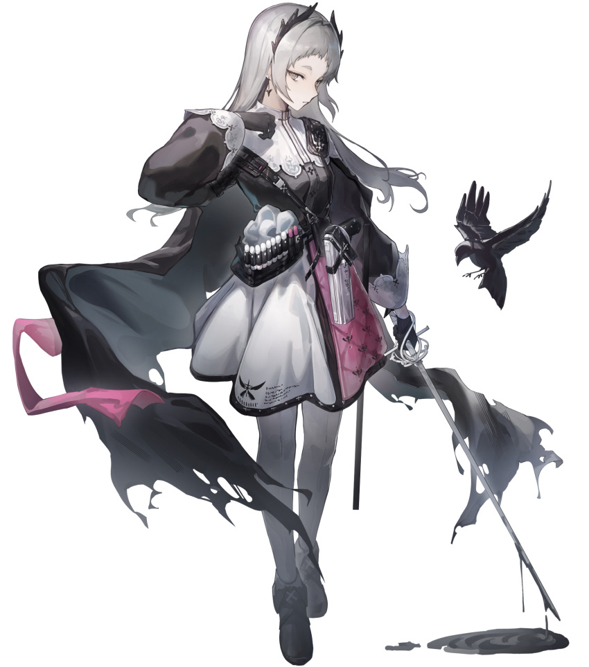 1girl arknights bird black_cape black_dress black_footwear black_gloves cape commentary crow dress feather_hair full_body gloves grey_eyes grey_hair grey_pantyhose half-closed_eyes highres holding holding_sword holding_weapon irene_(arknights) loafers long_hair long_sleeves pantyhose puddle rapier shoes simple_background solo sword sye torn_clothes weapon white_background