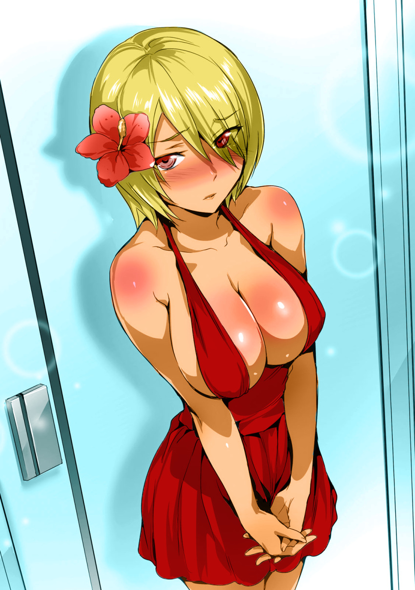 1girl bangs blonde_hair blush breasts collarbone colorized cowboy_shot dark-skinned_female dark_skin dress eyebrows_visible_through_hair eyes_visible_through_hair flower gravel_(masou_gakuen_hxh) hair_between_eyes hair_flower hair_ornament hair_over_one_eye hibiscus highres hisasi large_breasts looking_at_viewer masou_gakuen_hxh own_hands_together parted_lips pleated_dress plunging_neckline red_dress red_eyes revealing_clothes shiny shiny_hair short_dress short_hair sleeveless sleeveless_dress solo standing third-party_edit
