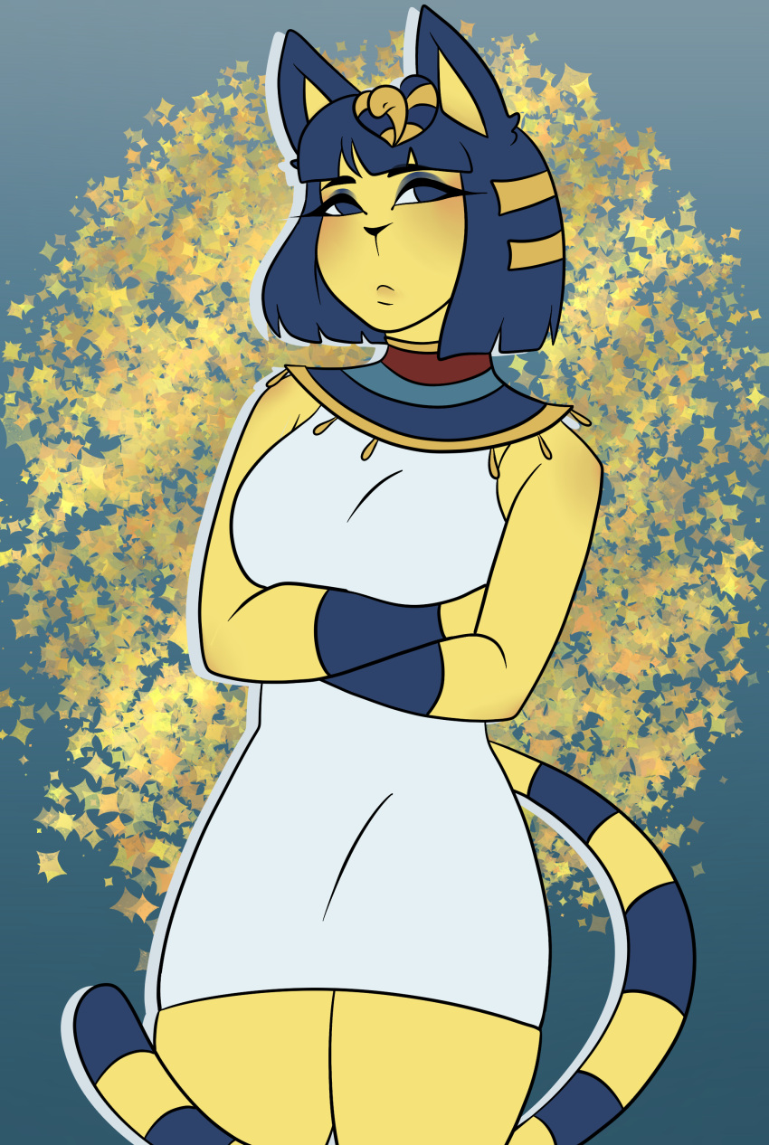 absurd_res animal_crossing animal_humanoid ankha_(animal_crossing) anthro big_breasts blue_hair blush breasts cat_humanoid clothing collar digital_media_(artwork) domestic_cat egyptian egyptian_clothing egyptian_headdress felid felid_humanoid feline feline_humanoid felis female hair hi_res humanoid looking_away mammal mammal_humanoid markings neptunebunny nintendo seductive simple_background solo tail tight_clothing tsundere yellow_body