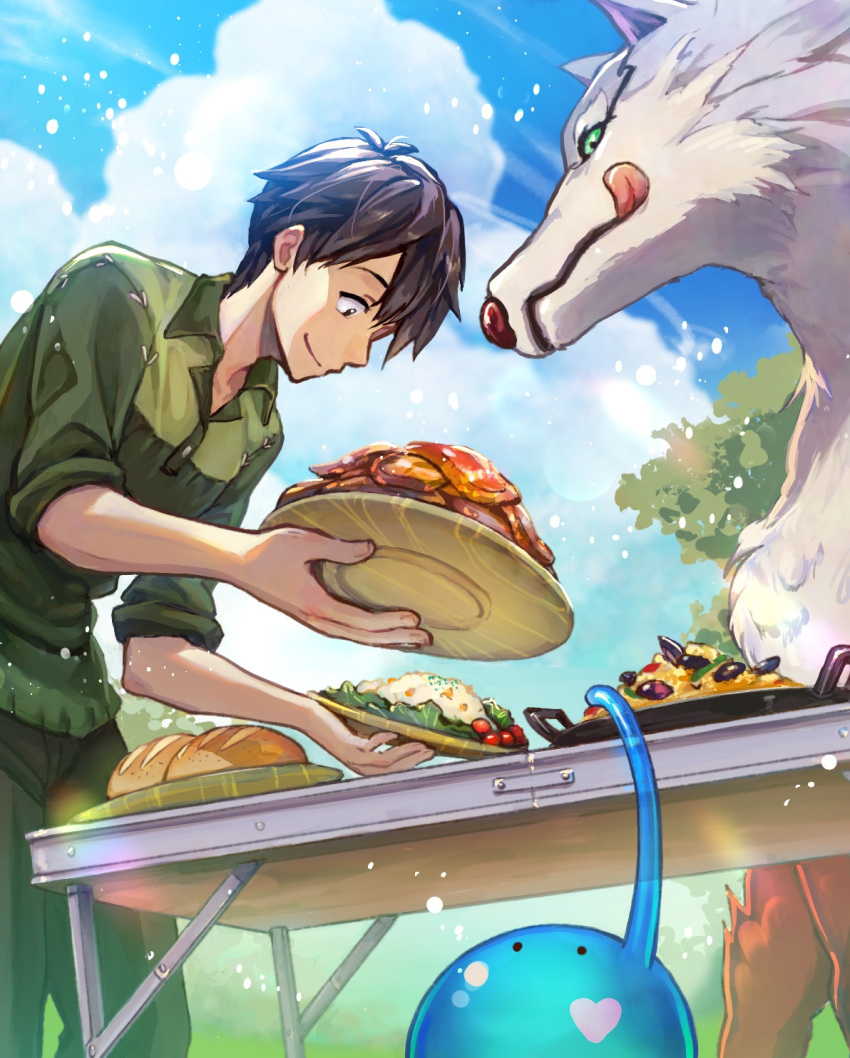 1boy black_hair blue_sky bread cloud collared_shirt feru_(tonsuki) food green_shirt highres mukouda_tsuyoshi outdoors plate shirt short_hair sky slime_(creature) smile sui_(tonsuki) table tondemo_skill_de_isekai_hourou_meshi tongue tongue_out wolf yappo_(point71)