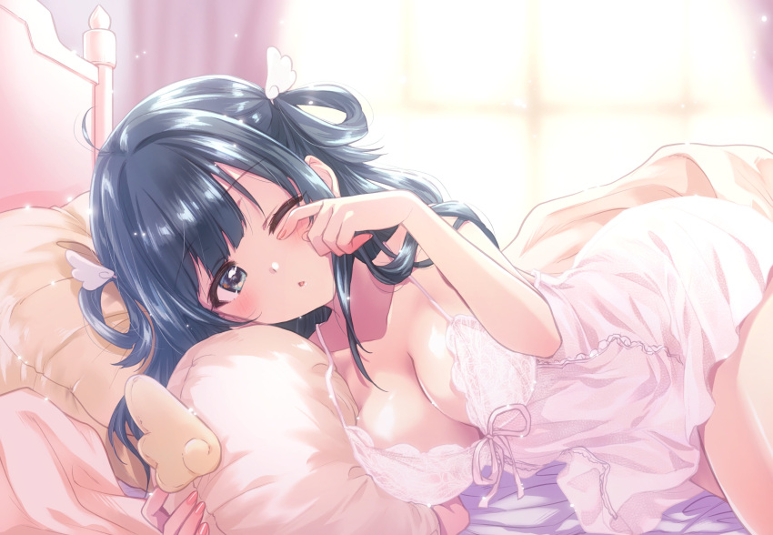 1girl absurdres ahoge alternate_costume amano_nene_(vtuber) backlighting bare_arms bare_shoulders black_hair breasts cleavage commentary commission english_commentary hair_rings highres hugging_object kuroi_mimei large_breasts long_hair looking_at_viewer morning nightgown on_bed one_eye_closed pillow pillow_hug production_kawaii rubbing_eyes second-party_source see-through skeb_commission sleepwear solo spaghetti_strap thick_thighs thighs virtual_youtuber waking_up white_chemise white_nightgown wing_hair_ornament