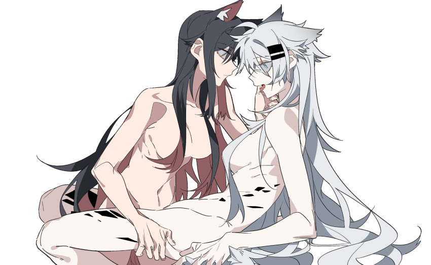 2girls animal_ears arknights black_hair blue_eyes breasts closed_mouth colored_inner_hair commentary completely_nude expressionless fang finger_in_another's_mouth hair_ornament hairclip hand_on_another's_thigh highres lappland_(arknights) long_hair material_growth medium_breasts molu_stranger multicolored_hair multiple_girls nude open_mouth orange_eyes oripathy_lesion_(arknights) red_hair saliva scar scar_across_eye simple_background sitting texas_(arknights) white_background white_hair wolf_ears yuri