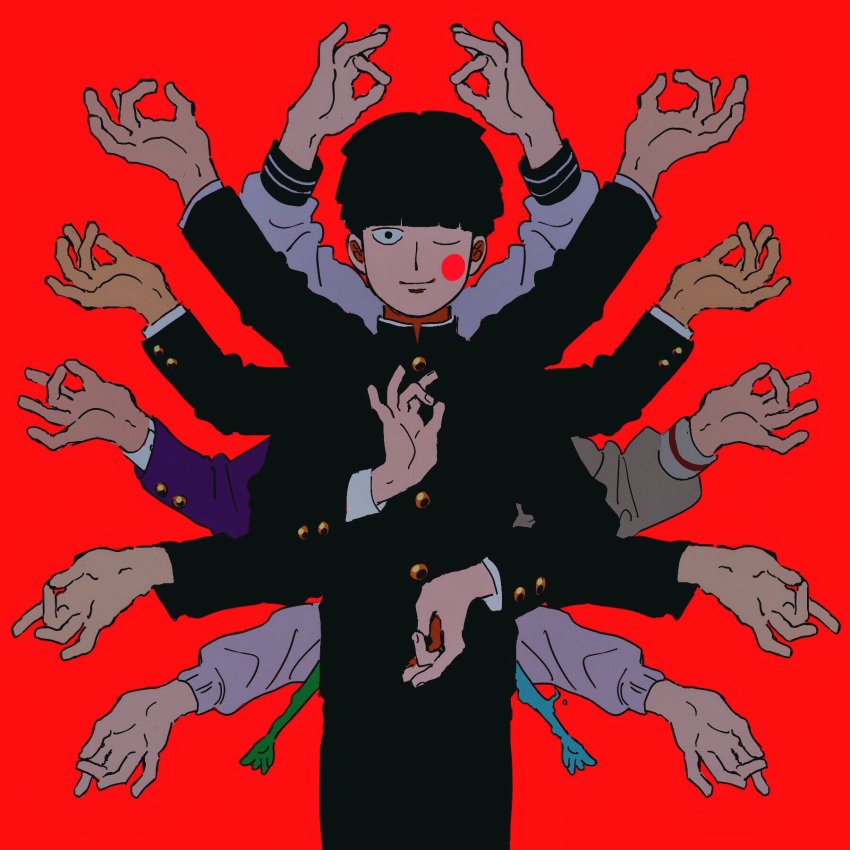 1boy ;) arms_up black_hair black_jacket blazer blush_stickers bowl_cut ekubo_(mob_psycho_100) extra_arms gakuran hanazawa_teruki highres jacket kageyama_ritsu kageyama_shigeo light_smile long_sleeves male_focus mob_psycho_100 mudra multiple_hands one_eye_closed red_background reigen_arataka school_uniform short_hair simple_background smile solo_focus split_theme sweater umkaqryi