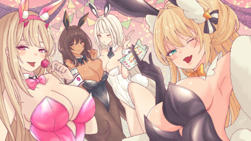 4girls animal_ears ascot bare_shoulders black_ascot black_bow black_bowtie black_gloves black_leotard blanc_(nikke) blonde_hair bow bowtie breasts brown_eyes brown_hair brown_pantyhose candy cleavage dark-skinned_female dark_skin detached_collar earrings fake_animal_ears fake_tail fang fishnet_pantyhose fishnets food gloves goddess_of_victory:_nikke green_eyes hair_intakes hair_ornament highleg highleg_leotard holding holding_candy holding_food holding_lollipop horns i_(kotombre_0370) jewelry large_breasts leotard light_brown_hair lollipop long_hair medium_breasts multiple_girls noir_(nikke) official_alternate_costume one_eye_closed pantyhose pink_bow pink_bowtie pink_eyes pink_horns pink_leotard playboy_bunny ponytail rabbit_ears rabbit_tail rupee_(nikke) rupee_(rabbit_deluxe)_(nikke) strapless strapless_leotard tail ticket very_long_hair viper_(nikke) viper_(toxic_rabbit)_(nikke) white_hair white_leotard wrist_cuffs yellow_bow yellow_bowtie yellow_eyes