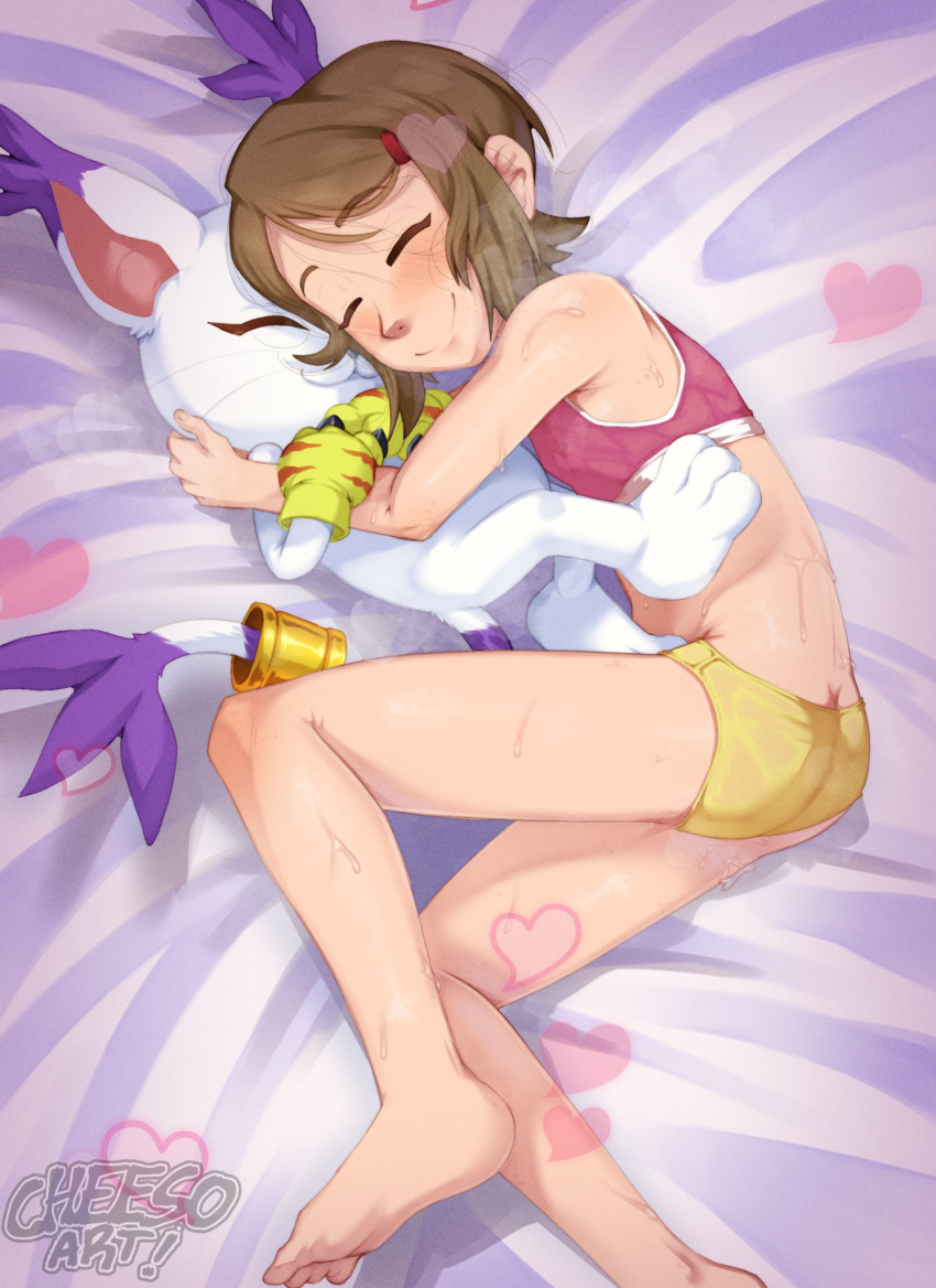 1girl ^_^ animal_hands artist_name barefoot bed blush bra brown_hair cheeso_art closed_eyes commentary digimon digimon_(creature) digimon_adventure_02 english_commentary feet gloves hair_ornament hairclip highres hug lying messy_hair on_bed on_side panties paw_gloves pink_bra short_hair sleeping smile soles sports_bra sweat tail tail_ornament tail_ring tailmon toes underwear yagami_hikari yellow_panties