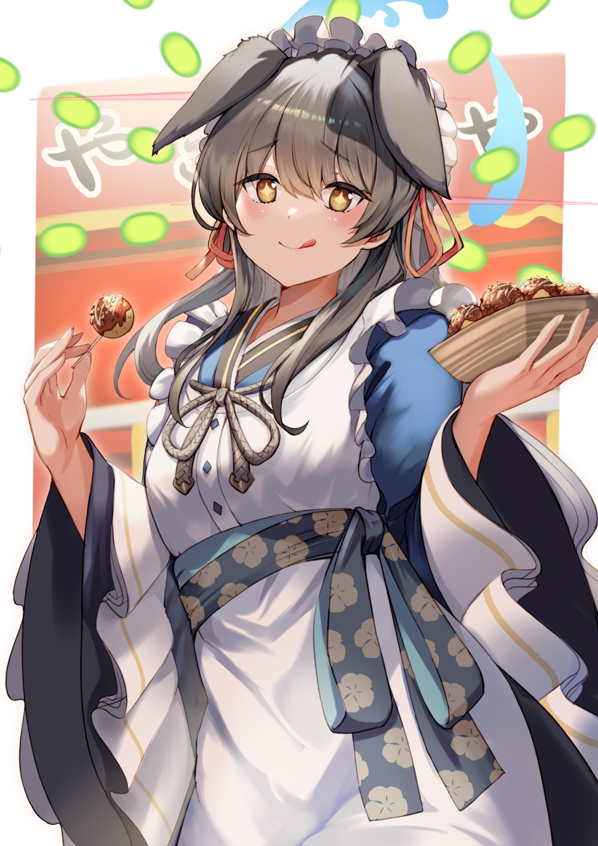 +_+ 1girl animal_ears blue_archive blue_halo blue_kimono brown_eyes dog_ears food halo highres holding holding_food japanese_clothes kimono licking_lips long_hair looking_at_viewer maid maid_headdress solo takoyaki tongue tongue_out umika_(blue_archive) wa_maid yu_ni_t