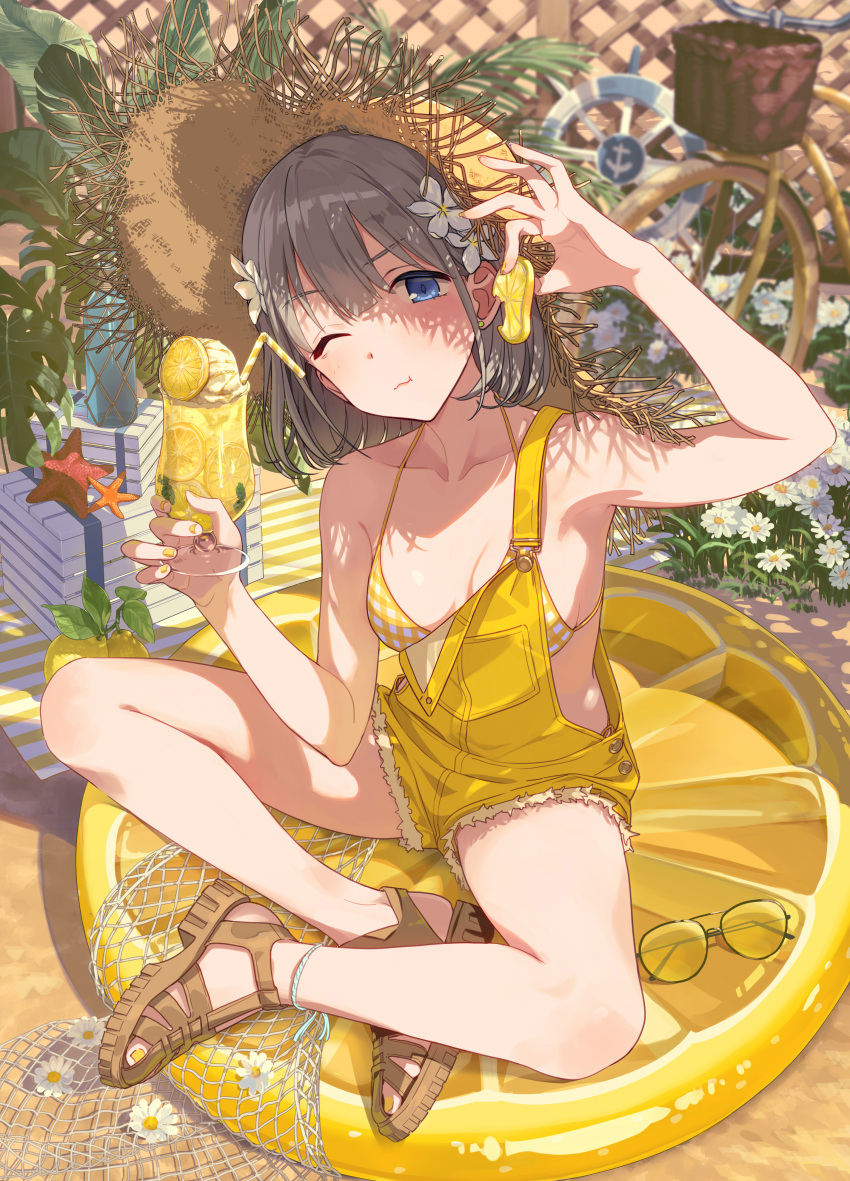 1girl absurdres bare_legs bare_shoulders bicycle bikini blue_eyes bottle box breasts cleavage crossed_legs cup drinking_straw earrings eating feet fence fishing_net flower food fruit grey_hair hair_flower hair_ornament hat highres holding holding_cup holding_food holding_fruit ice_cream idolmaster idolmaster_shiny_colors jewelry joey_koguma legs lemon lemon_slice lemonade looking_at_viewer medium_breasts nail_polish one_eye_closed overalls plant sandals serizawa_asahi sitting solo starfish straw_hat stud_earrings sun_hat sunglasses swimsuit toenail_polish toenails toes wooden_fence yellow_bikini yellow_nails yellow_overalls