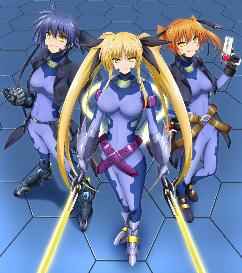 3girls absurdres alternate_eye_color armored_boots belt blonde_hair blue_bodysuit blue_hair bodysuit boots breasts commission corruption cropped_jacket dark_persona dual_wielding evil_grin evil_smile fate_testarossa full_body gauntlets grin gun hair_ribbon handgun headband hexagon highres holding holding_gun holding_sword holding_weapon long_hair looking_at_viewer lyrical_nanoha mahou_shoujo_lyrical_nanoha_strikers medium_breasts medium_hair mind_control multiple_girls numbers'_uniform numbers_(nanoha) orange_hair oshimaru026 pixiv_commission ribbon roller_skates short_hair skates skin_tight smile standing subaru_nakajima sword teana_lanster twintails two-tone_bodysuit very_long_hair very_short_hair weapon yellow_eyes