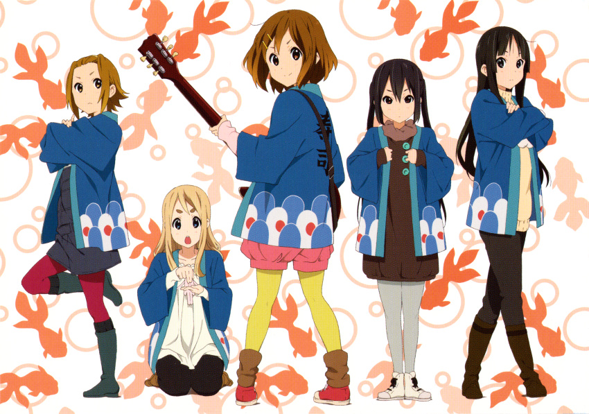 5girls akiyama_mio angry black_eyes black_hair blonde_hair blue_eyes boots brown_eyes brown_hair crossed_arms electric_guitar guitar hair_ornament hairband happi highres hime_cut hirasawa_yui instrument japanese_clothes k-on! k-on!_movie kneeling kotobuki_tsumugi long_hair looking_at_viewer looking_back looking_to_the_side multiple_girls nakano_azusa official_art open_mouth pantyhose round_teeth scan shoes smile sneakers standing standing_on_one_leg tainaka_ritsu teeth thick_eyebrows