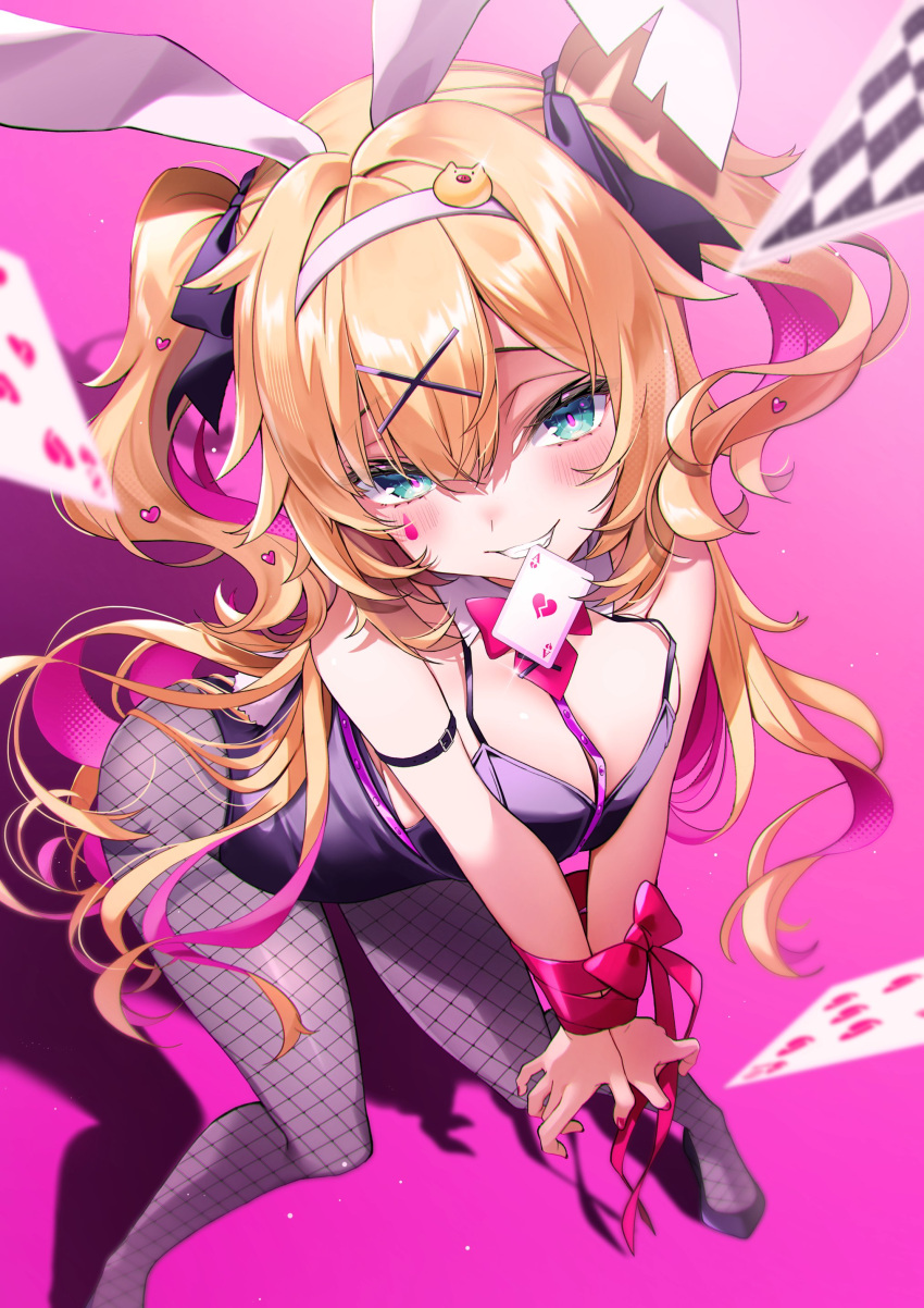 1girl absurdres ace_(playing_card) ace_of_hearts akai_haato alternate_costume animal_ears aqua_eyes arm_strap bare_shoulders black_footwear black_leotard black_ribbon blonde_hair bound bound_wrists bow bowtie breasts card card_in_mouth cleavage colored_inner_hair commentary_request detached_collar fake_animal_ears fishnet_pantyhose fishnets from_above haaton_(akai_haato) hair_between_eyes hair_ornament hair_ribbon hairclip headband heart heart_hair_ornament high_heels highres hololive large_breasts leaning_forward leotard long_hair looking_at_viewer makinan mouth_hold multicolored_hair pantyhose pink_background pink_hair pink_nails playboy_bunny playing_card rabbit_ears rabbit_hole_(vocaloid) ribbon smile solo spaghetti_strap standing teardrop_facial_mark twintails two_side_up very_long_hair virtual_youtuber white_headband x_hair_ornament