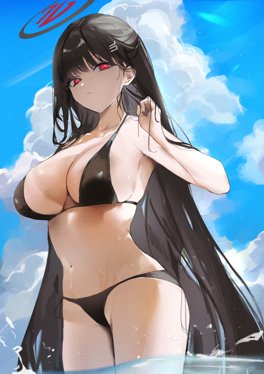 1girl absurdres alternate_costume bikini black_bikini black_hair blue_archive blue_sky breasts cloud halo highres large_breasts long_hair looking_at_viewer navel outdoors r_aeel red_eyes rio_(blue_archive) sky solo stomach straight_hair string_bikini swimsuit very_long_hair wading