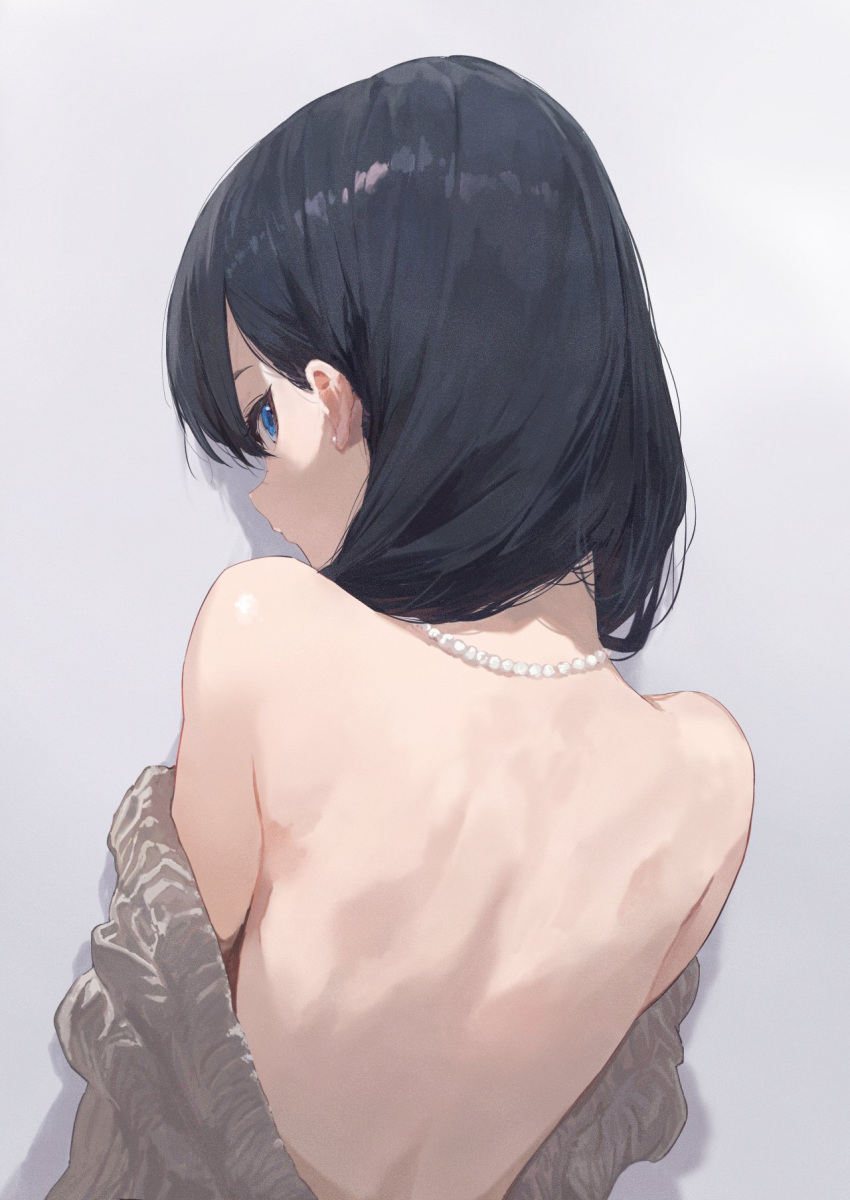 1girl back bare_back bare_shoulders black_hair blue_eyes clothes_down english_commentary grey_background gridman_universe highres jewelry kissshotmagia long_hair looking_at_viewer looking_back necklace pearl_necklace solo ssss.gridman takarada_rikka