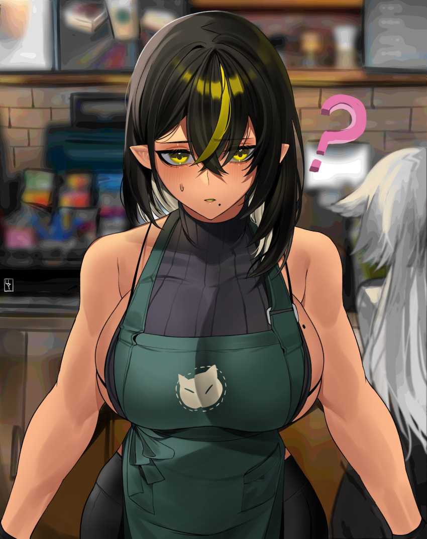 2girls ? apron bangs bare_shoulders barista black_hair black_pants breasts cafe coffee commentary dark-skinned_female dark_skin elf english_commentary eyebrows_visible_through_hair halterneck highres iced_latte_with_breast_milk_(meme) large_breasts lilith_(lilycious) lilycious meme mole mole_on_breast mole_under_mouth multicolored_hair multiple_girls multiple_moles original pants pointy_ears sideboob skindentation sleeveless sleeveless_turtleneck solo_focus starbucks strap streaked_hair toned turtleneck undersized_clothes yellow_eyes