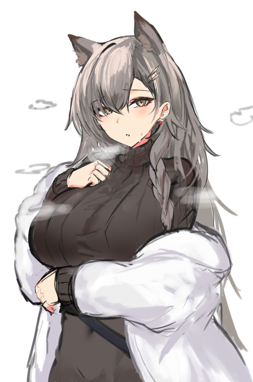 1girl absurdres animal_ears arknights arm_under_breasts blush braid breasts breath brown_eyes brown_sweater covered_navel earrings grey_hair hair_ornament hair_over_one_eye hairclip hand_on_own_chest hand_up highres hot jacket jewelry large_breasts layered_sleeves long_hair long_sleeves looking_at_viewer mitarashi_renge off_shoulder open_clothes open_jacket parted_lips penance_(arknights) ribbed_sweater simple_background sketch solo standing sweater turtleneck turtleneck_sweater upper_body white_background white_jacket