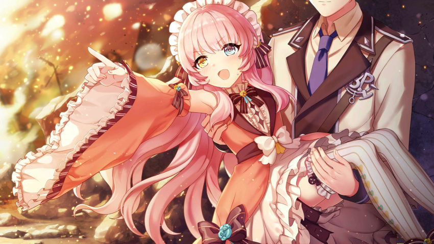 1boy 1girl armpits bad_link carrying carrying_person detached_sleeves dress eksistere_kyrenia fire flower girl_cafe_gun hair_ornament head_out_of_frame heterochromia highres maid_headdress official_art open_mouth pink_hair pointing rose ruins thighhighs