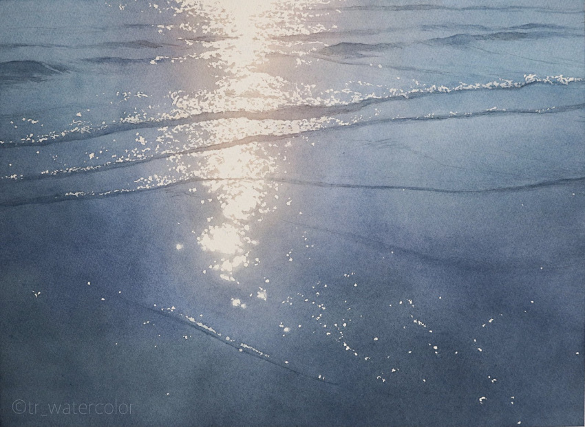 beach day marine_day no_humans original painting_(medium) reflection reflective_water shore sunlight toyonaga_ryouhei traditional_media water watercolor_(medium)