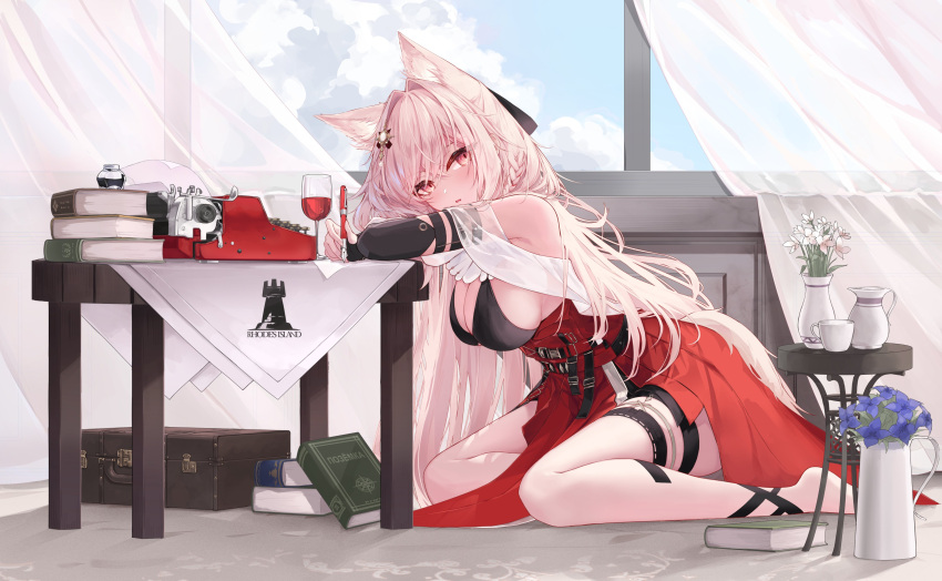 1girl absurdres animal_ear_fluff animal_ears arknights bare_shoulders barefoot black_bra blue_sky book book_stack bra breasts cleavage cloud cloudy_sky commentary_request cup drinking_glass flower flower_pot head_rest high-waist_skirt highres indoors korean_commentary large_breasts long_hair looking_at_viewer pink_eyes pink_hair pozyomka_(arknights) purple_flower red_skirt rhodes_island_logo_(arknights) shawl sitting skirt sky solo table thigh_strap thighs typewriter underwear wariza white_flower white_shawl wolf_ears wolf_girl yeosi