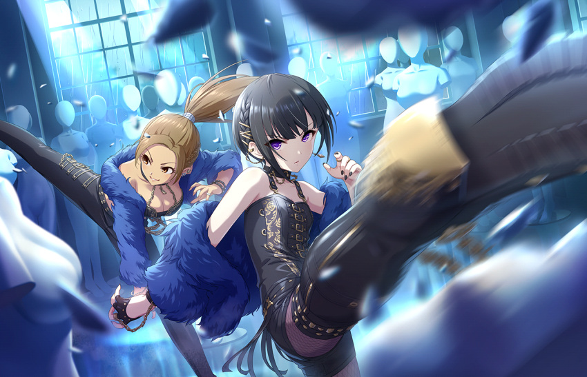2girls artist_request bangs bare_shoulders black_nails blunt_bangs boots bracelet braid breasts brown_eyes chain choker cleavage collarbone earrings eyelashes fighting fighting_stance fingerless_gloves flat_chest gloves grin hair_ornament hairclip idolmaster idolmaster_cinderella_girls idolmaster_cinderella_girls_starlight_stage indoors jewelry leather light_brown_hair long_hair looking_at_viewer looking_to_the_side mannequin matsunaga_ryou multiple_girls official_art pants pond purple_eyes rain ring serious shirayuki_chiyo short_hair shorts single_glove smile water_drop window