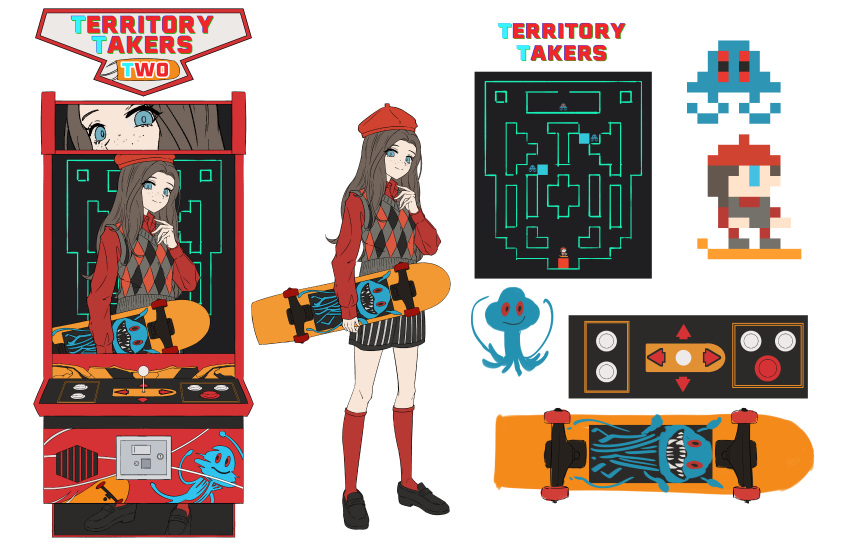 1girl absurdres arcade_cabinet beret black_footwear black_shorts blue_eyes brown_hair creature grey_vest hand_up hat highres holding holding_skateboard kneehighs loafers long_hair long_sleeves looking_at_viewer multiple_views natsugu72 pixel_art_inset red_hat red_shirt red_socks reference_sheet reverse:1999 shirt shoes shorts skateboard smile socks striped_clothes striped_shorts sweater_vest ttt_(reverse:1999) vertical-striped_clothes vertical-striped_shorts vest video_game white_background