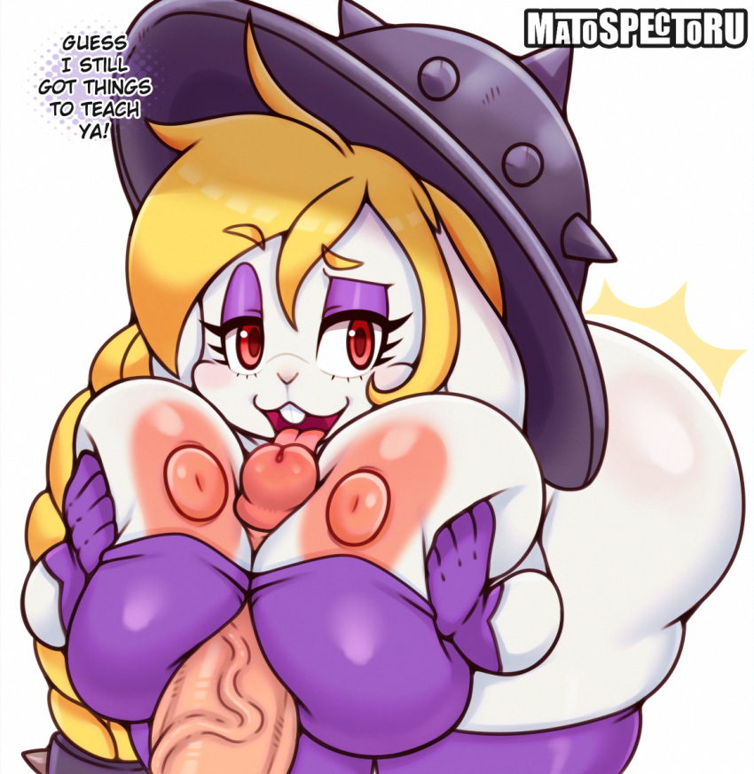 anthro areola bent_over big_breasts blonde_hair breast_play breasts broodal clothing female genitals hair hariet_(mario) hi_res huge_breasts lagomorph legwear leporid licking male male/female mammal mario_bros matospectoru nintendo nipples oral penile penis penis_lick rabbit sex super_mario_odyssey thigh_highs titfuck tongue vein veiny_penis white_body