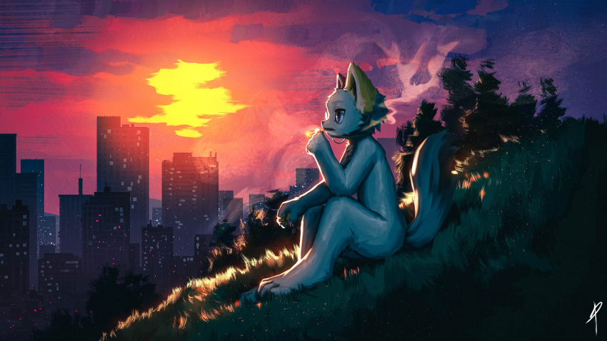 16:9 2022 absurd_res anthro blaedic blue_eyes building canid canine casual_nudity cigarette city detailed_background digital_media_(artwork) digital_painting_(artwork) digitigrade eyewear fox full-length_portrait fur grass heterochromatic_ears hi_res hillside holding_cigarette holding_object light lighting magician_fox male male_anthro mammal monocle outside plant portrait side_view sitting sky skyline skyscraper smoke smoking smoking_cigarette solo stare sunset tree white_body white_fur widescreen