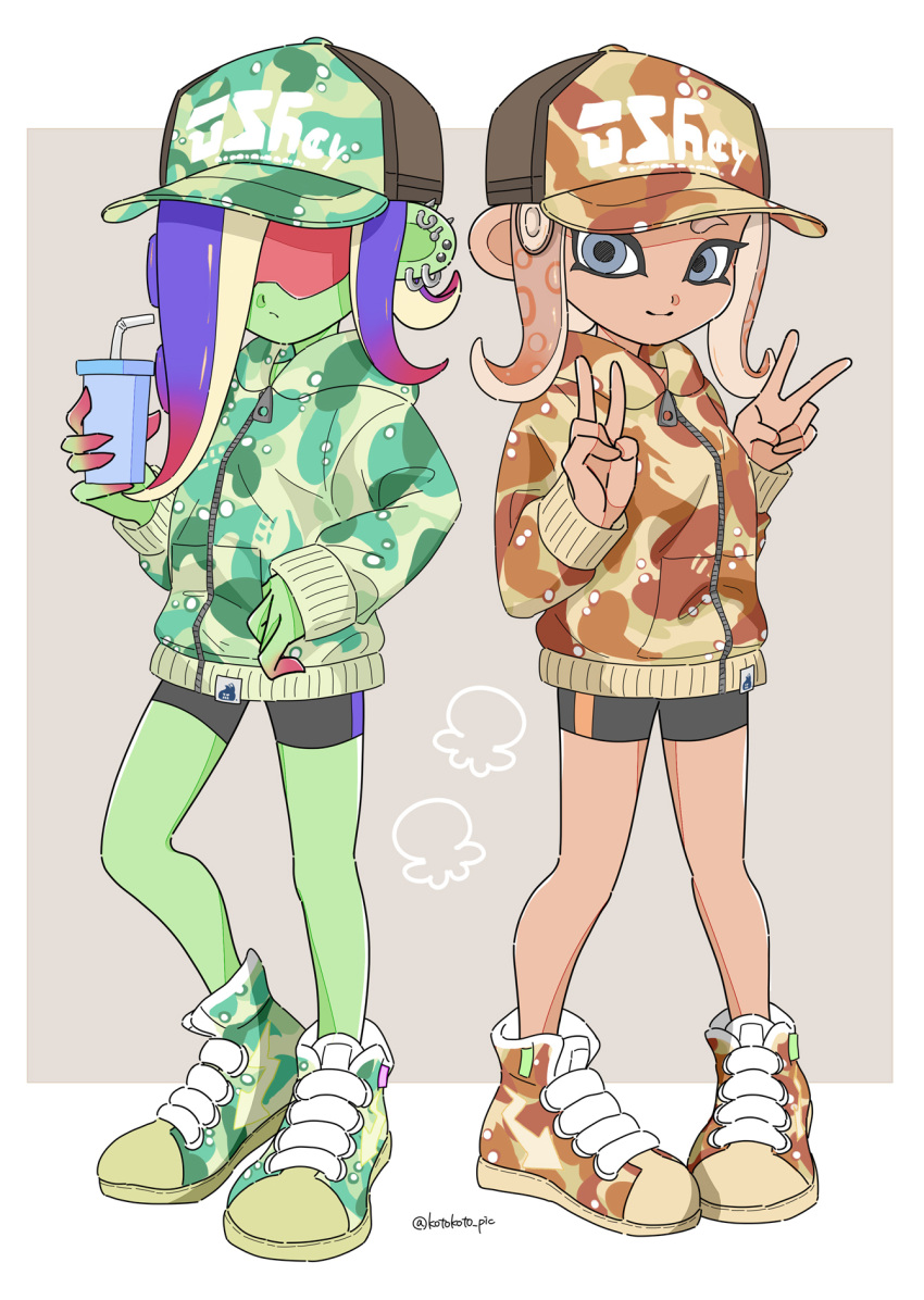 2girls agent_8_(splatoon) alternate_costume baseball_cap bike_shorts blue_eyes blue_hair border brown_footwear brown_hair brown_hat brown_jacket closed_mouth colored_skin colored_tips commentary_request cup dedf1sh double_v drinking_straw ear_piercing earrings full_body green_footwear green_hat green_jacket green_skin grey_background hat highres holding holding_cup hoop_earrings jacket jewelry long_hair multicolored_hair multiple_girls octoling octoling_girl octoling_player_character outside_border piercing print_headwear red-tinted_eyewear red_hair sanitized_(splatoon) shoes simple_background splatoon_(series) splatoon_3 splatoon_3:_side_order standing sunglasses tentacle_hair tinted_eyewear two-tone_hair v white_border xxmarchxx