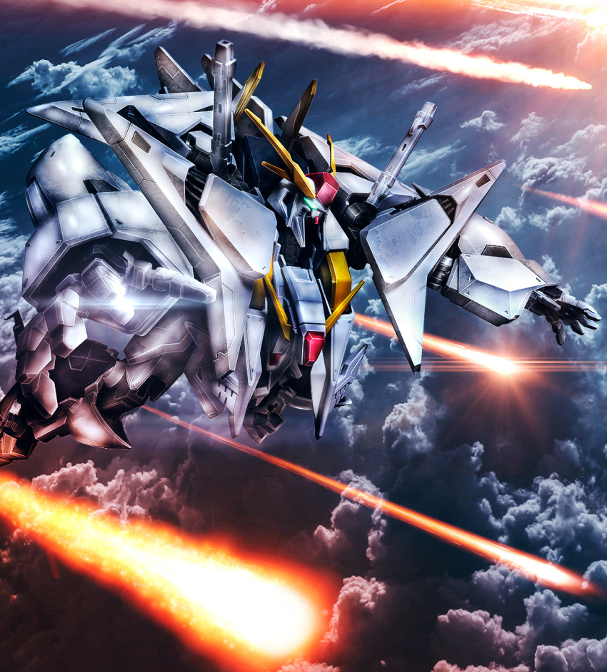 airborne cloud cloudy_sky commentary_request debris flying glowing glowing_eyes green_eyes gundam gundam_hathaway's_flash highres mecha mobile_suit no_humans open_hands science_fiction sky solo v-fin xi_gundam youiki