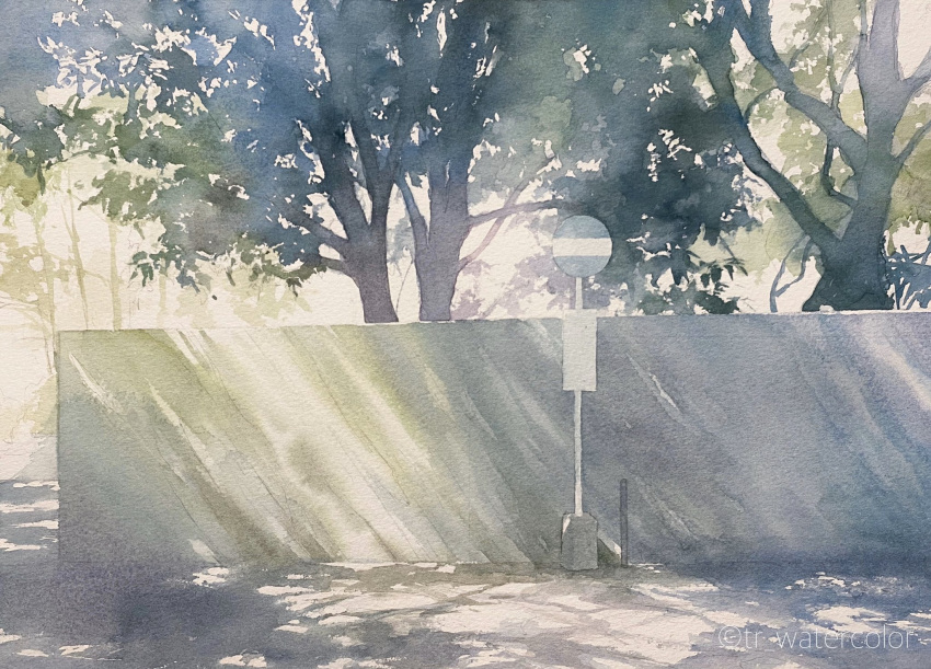 dappled_sunlight day highres no_humans original painting_(medium) road road_sign scenery shadow sign street sunlight toyonaga_ryouhei traditional_media traffic_mirror tree tree_shade watercolor_(medium)