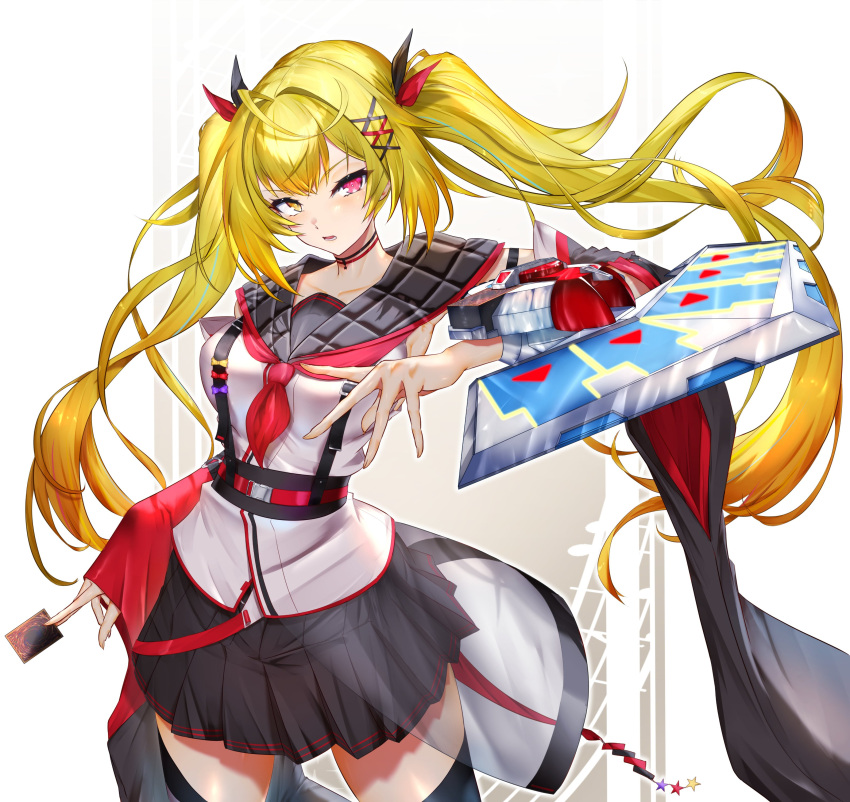 1girl absurdres armpits black_ribbon black_skirt black_sleeves blonde_hair card collarbone cowboy_shot deck_of_cards detached_sleeves duel_disk hair_ornament hair_ribbon heterochromia highres hirano_masatosh holding holding_card hoshikawa_sara hoshikawa_sara_(5th_costume) long_hair long_sleeves miniskirt nijisanji pleated_skirt red_eyes red_ribbon red_sleeves ribbon shirt simple_background skirt solo thighhighs trading_card twintails very_long_hair white_background white_shirt wide_sleeves x_hair_ornament yellow_eyes yu-gi-oh! yu-gi-oh!_duel_monsters