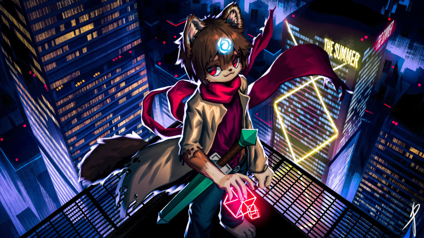 2022 :3 absurd_res anthro barefoot billowing_scarf blaedic bottomwear brown_hair building canid canine city clothed clothing denim denim_bottomwear denim_clothing detailed_background english_text feet front_view fully_clothed gloves_(marking) glowing glowing_markings grate hair hi_res high-angle_view high_place jeans looking_aside magic male male_anthro mammal markings melee_weapon night on_roof outside pants red_eyes red_scarf rhea_(realwolfrhea) scarf short_hair sign skyscraper solo sword text torn_coat weapon wind