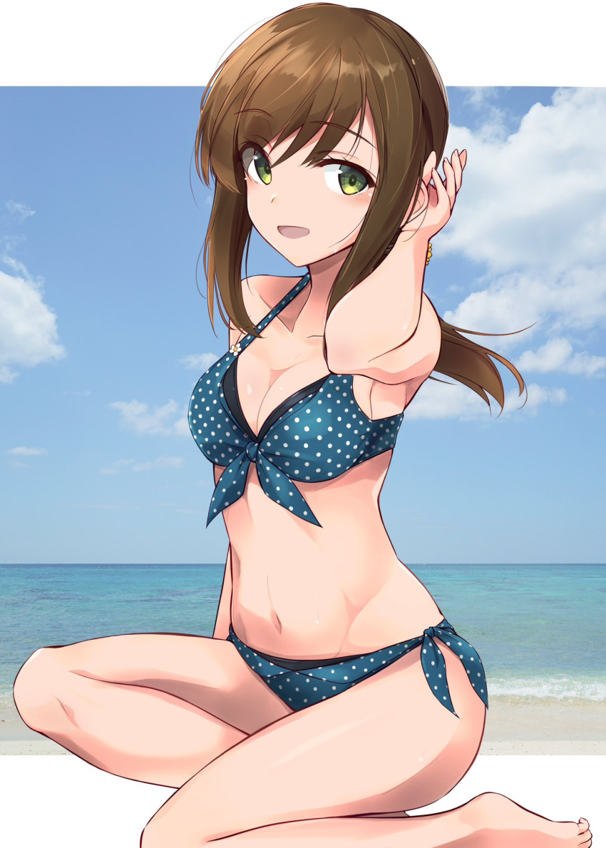 1girl alternate_breast_size beach bikini blue_bikini blue_sky breasts brown_hair cleavage cloud commentary_request fubuki_(kancolle) full_body green_eyes highres horizon kantai_collection long_hair looking_at_viewer low_ponytail medium_breasts minosu ocean polka_dot polka_dot_bikini side-tie_bikini_bottom sidelocks sitting sky solo swimsuit