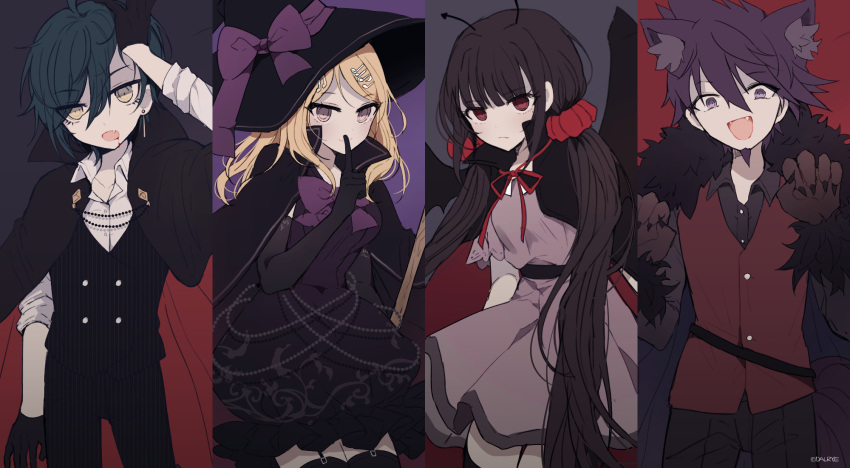 2boys 2girls akamatsu_kaede alternate_costume animal_ear_fluff animal_ears animal_hands antennae asymmetrical_bangs asymmetrical_sleeves bad_id bad_twitter_id bat_wings bead_necklace beads belt belt_buckle black_background black_belt black_cape black_dress black_gloves black_hat black_jacket black_pants black_sash black_shirt black_thighhighs black_wings blonde_hair blood blood_from_mouth blue_hair blunt_bangs bow bowtie brown_gloves brown_hair buckle buttons cape claws closed_mouth collarbone collared_cape collared_shirt commentary_request cowboy_shot dalrye_v3 danganronpa_(series) danganronpa_v3:_killing_harmony dress earrings elbow_gloves eyelashes facial_hair fang fangs finger_to_mouth floral_print frown fur-trimmed_cape fur-trimmed_gloves fur_trim gloves goatee grey_background grey_cape hair_between_eyes hair_ornament hair_scrunchie halloween halloween_costume hand_on_own_head harukawa_maki hat hat_bow high_collar highres jacket jewelry kemonomimi_mode korean_commentary long_hair long_sleeves looking_at_viewer momota_kaito multicolored_background multiple_boys multiple_girls musical_note musical_note_hair_ornament neck_ribbon necklace open_mouth pants paw_gloves paw_pose pleated_skirt purple_background purple_bow purple_bowtie purple_dress purple_eyes purple_hair purple_sleeves red_background red_cape red_eyes red_ribbon red_scrunchie red_vest ribbed_legwear ribbon saihara_shuichi sash scrunchie shirt short_dress short_sleeves simple_background skirt sleeve_rolled_up sleeveless sleeveless_dress smile spiked_hair tassel tassel_earrings thighhighs twitter_username two-sided_cape two-sided_fabric v-neck vampire very_long_hair vest waist_sash white_shirt white_sleeves wings witch_hat wolf_ears yellow_eyes