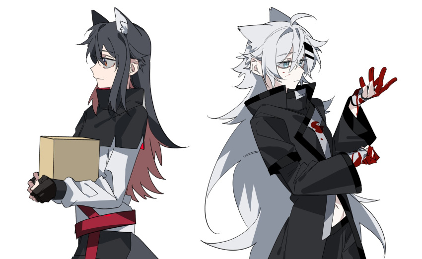 2girls animal_ears arknights belt black_capelet black_coat black_gloves black_hair blood blood_on_clothes blood_on_face blood_on_hands blue_eyes bright_pupils capelet closed_mouth coat commentary fingerless_gloves gloves grey_gloves hair_ornament hairclip highres lappland_(arknights) long_hair long_sleeves molu_stranger multicolored_hair multiple_girls orange_eyes red_hair shirt simple_background smile texas_(arknights) upper_body very_long_hair white_background white_hair white_pupils white_shirt wolf_ears