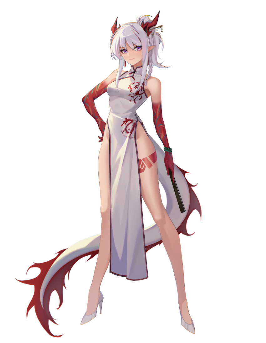 1girl absurdres ark_line arknights bangs bare_legs bare_shoulders bead_bracelet beads blush bracelet braid breasts china_dress chinese_clothes closed_fan closed_mouth colored_skin commentary_request dragon_girl dragon_horns dragon_tail dress eyebrows_visible_through_hair folding_fan full_body hand_fan hand_on_hip high_heels highres holding holding_fan horns jewelry long_hair long_legs looking_at_viewer medium_breasts nian_(arknights) nian_(unfettered_freedom)_(arknights) official_alternate_costume pelvic_curtain pointy_ears ponytail purple_eyes red_skin side_braid sidelocks sleeveless sleeveless_dress smile solo standing tail white_background white_dress white_footwear