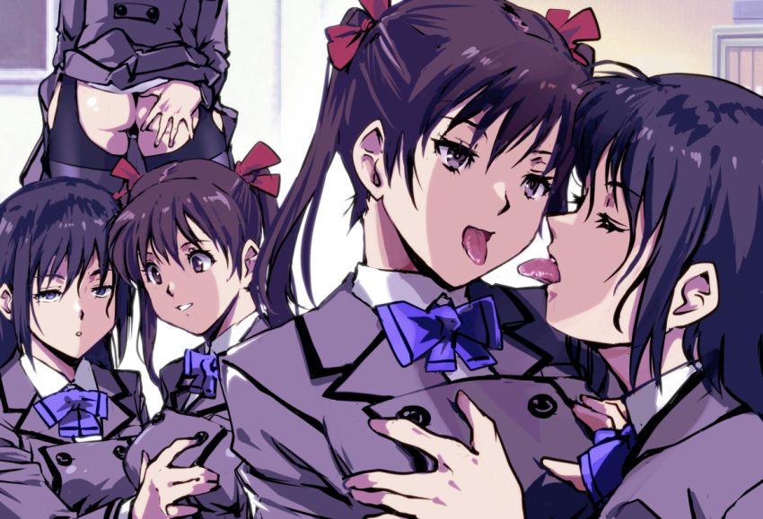 2girls ass ass_grab black_hair black_panties black_thighhighs blue_eyes breasts brown_eyes buttons commentary_request double-breasted french_kiss garter_straps grey_jacket grey_skirt jacket kamisimo_90 kiss long_hair long_sleeves medium_breasts multiple_girls multiple_views open_mouth original panties saliva school_uniform shirt skirt thighhighs tights_girl_(kamisimo_90) twintails twintails_girl_(kamisimo_90) underwear uniform yuri