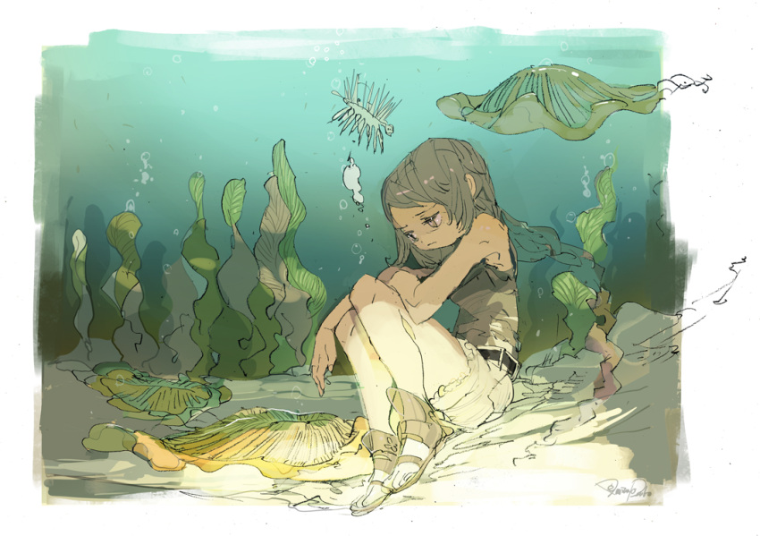 1girl air_bubble animal belt brown_eyes brown_hair bubble commentary_request day demizu_posuka full_body hallucigenia long_hair nature original outdoors prehistoric_animal sandals scenery seafloor shorts signature solo sunlight tank_top underwater