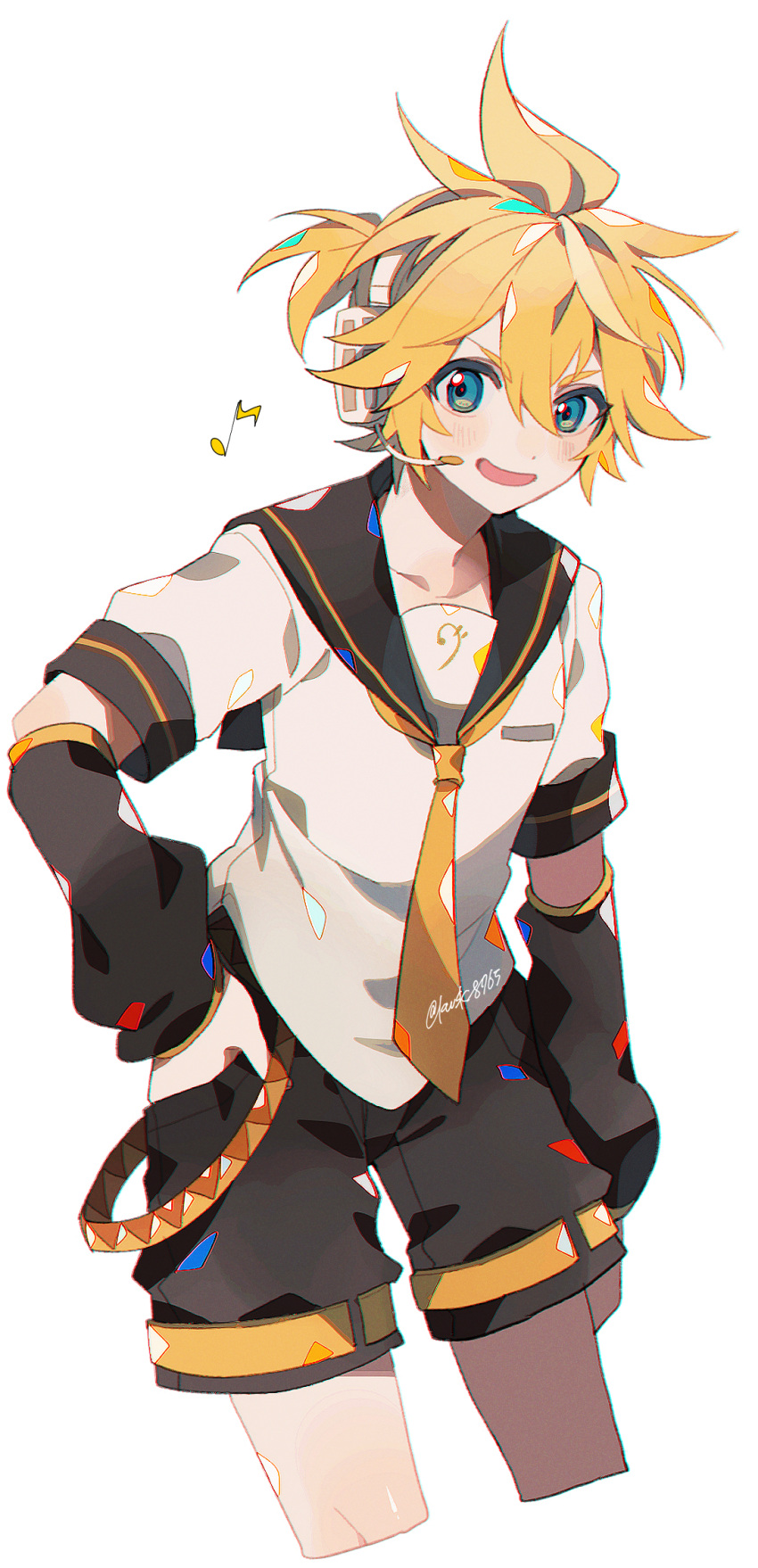 1boy black_sailor_collar black_shorts black_sleeves blonde_hair blue_eyes collarbone detached_sleeves hand_in_pocket headphones highres kagamine_len kawasaki_(kwsk_8765) looking_at_viewer male_focus messy_hair musical_note necktie open_mouth pocket sailor_collar shirt short_hair short_ponytail short_sleeves shorts simple_background smile solo upper_body vocaloid white_background white_shirt yellow_necktie yellow_trim