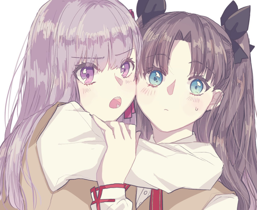 2girls black_bow blue_eyes blush bow breasts brown_hair collared_shirt eyebrows_visible_through_hair fate/stay_night fate_(series) homurahara_academy_uniform huge_breasts long_hair looking_at_viewer matou_sakura multiple_girls open_mouth purple_eyes purple_hair roku_(ntbr_fate) shirt siblings sisters sweatdrop tohsaka_rin two_side_up upper_body vest white_background white_shirt yellow_vest