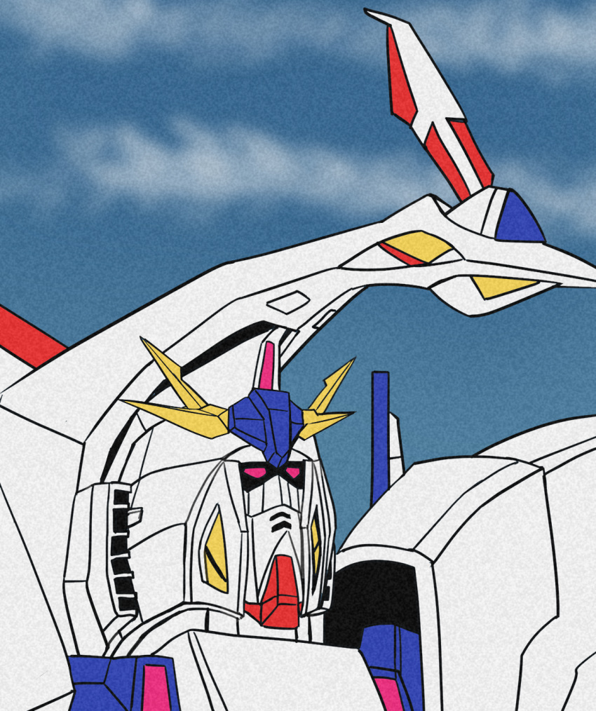 1970s_(style) cloud cloudy_sky commentary gundam gundam_hathaway's_flash highres mecha meme mobile_suit mobile_suit_gundam no_humans parody penelope_(hathaway's_flash) pink_eyes quality retro_artstyle science_fiction sky solo style_parody taka_two upper_body v-fin