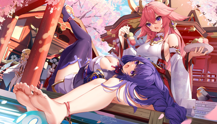4girls absurdres anklet architecture bangs bare_legs bare_shoulders barefoot bird blonde_hair blush braid breasts cherry_blossoms chinese_commentary cleavage commentary_request dango day detached_sleeves east_asian_architecture eyebrows_visible_through_hair fang feet food fox_mask full_body genshin_impact hair_between_eyes hair_ornament hakama hakama_skirt highres holding holding_food holding_plate japanese_clothes jewelry kazari_(genshin_impact) kimono knee_up lap_pillow large_breasts leg_up legs_together long_hair long_sleeves looking_at_another lumine_(genshin_impact) lying mask miko mole mole_under_eye multiple_girls nahaki no_shoes on_back outdoors peeking_out petals pink_hair plate purple_eyes purple_hair purple_kimono raiden_shogun red_hakama sideboob signature skin_fang skirt slime_(genshin_impact) soles thighhighs toes tree v-shaped_eyebrows wagashi white_day white_kimono wide_sleeves yae_(genshin_impact) yellow_eyes