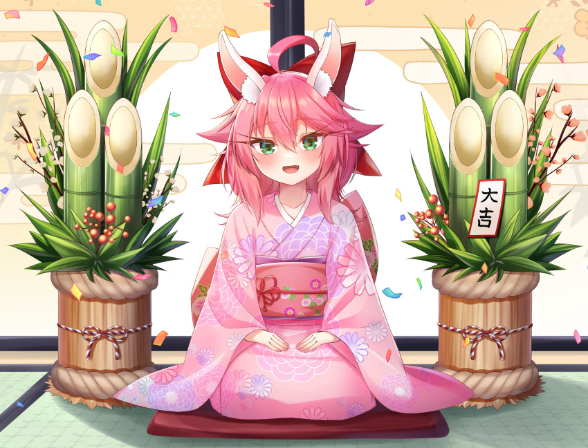 1girl ahoge animal_ear_fluff animal_ears bamboo bow carpet collarbone confetti dot_nose fake_animal_ears fang floral_print_kimono green_eyes hair_between_eyes hair_bow hair_flaps hair_over_shoulder hands_on_own_thighs highres hoshino_reiji indoors japanese_clothes kadomatsu kimono kneeling light_blush long_eyelashes long_hair looking_at_viewer obi open_mouth original pink_hair pink_kimono pink_sash rabbit_ears red_bow red_carpet sash shadow shouji sidelocks sliding_doors tassel tatami