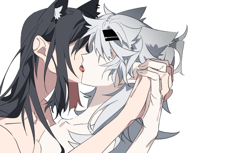 2girls animal_ears arknights black_hair chinese_commentary commentary_request french_kiss hair_ornament hairclip highres holding_hands interlocked_fingers kiss lappland_(arknights) long_hair molu_stranger multiple_girls nude scar scar_across_eye simple_background texas_(arknights) tongue upper_body white_background white_hair wolf_ears yuri