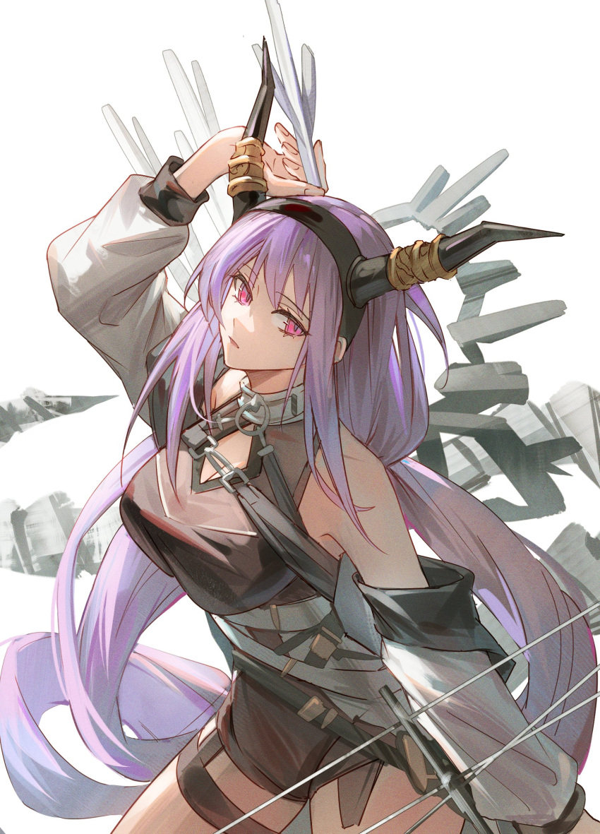 1girl absurdres arknights armpits bare_shoulders belt black_dress bow_(weapon) breasts cleavage cleavage_cutout clothing_cutout coat commentary cowboy_shot dress highres holding holding_bow_(weapon) holding_weapon horns large_breasts li2_su2 long_hair looking_at_viewer multiple_belts parted_lips pink_eyes purple_hair simple_background solo thigh_strap typhon_(arknights) very_long_hair wavy_hair weapon white_background white_coat