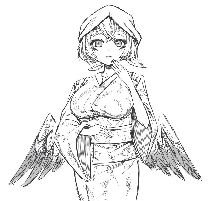 1girl absurdres bird_girl blue_archive breasts cowboy_shot crossed_bangs geulyeoom greyscale head_scarf highres humanization japanese_clothes kimono large_breasts low_wings monochrome obi sash short_hair simple_background solo sparrow_restaurant_owner_(blue_archive) tenugui upper_body wings yukata