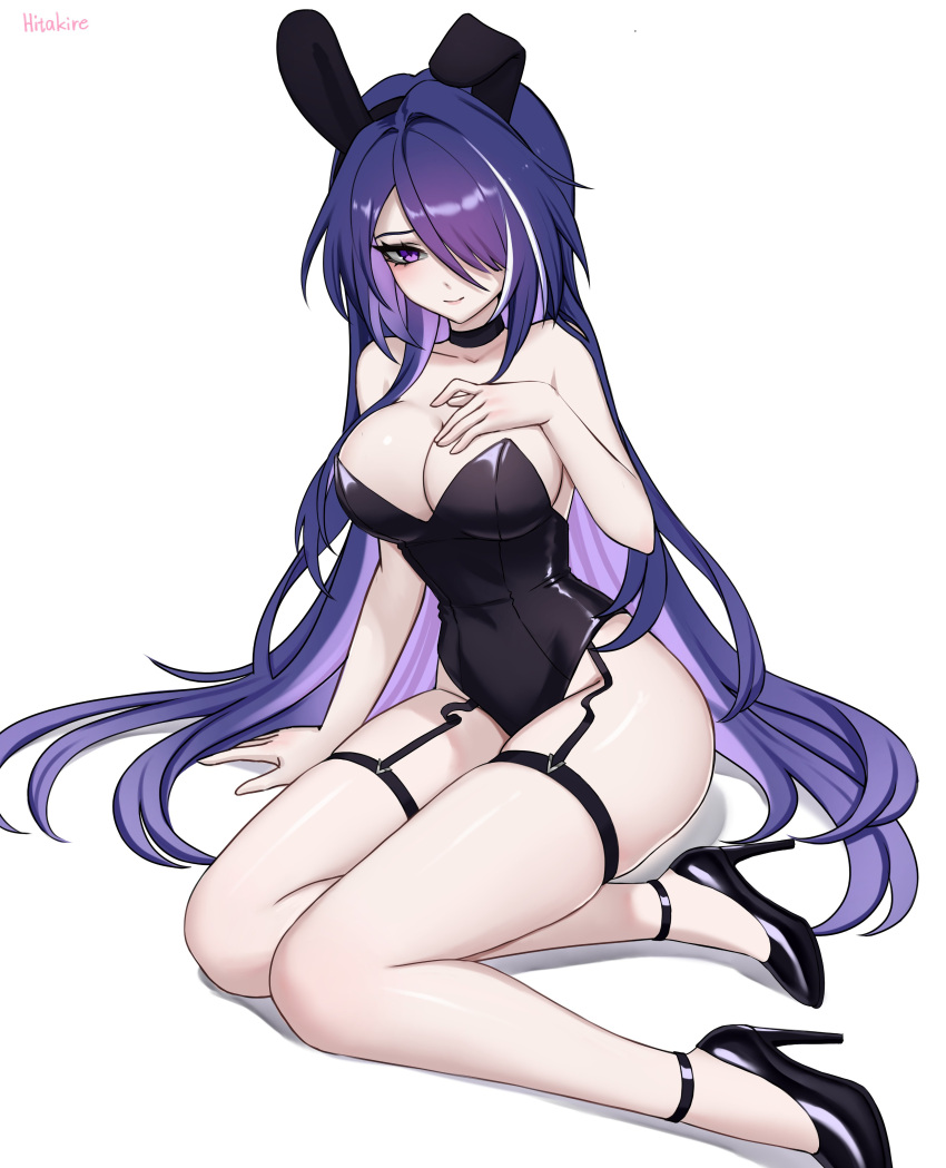 1girl absurdres acheron_(honkai:_star_rail) animal_ears artist_name bare_legs black_choker black_footwear breasts choker cleavage detached_sleeves hair_over_one_eye hand_on_own_chest high_heels highleg highleg_leotard highres hitakire honkai:_star_rail honkai_(series) leotard light_blush long_hair multicolored_hair on_floor playboy purple_eyes purple_hair rabbit_ears solo strapless strapless_leotard streaked_hair thighs white_background