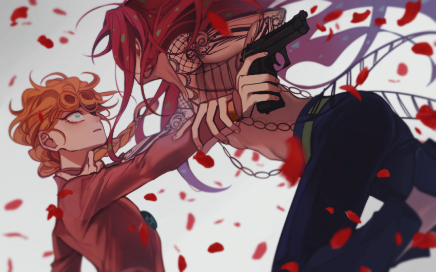 2boys belt beretta_92 blonde_hair blue_eyes braid braided_ponytail commentary_request constricted_pupils diavolo fishnet_top fishnets giorno_giovanna green_belt green_hair gun handgun holding holding_gun holding_weapon jojo_no_kimyou_na_bouken long_hair male_focus multicolored_hair multiple_boys pants petals pink_hair purple_pants sempon_(doppio_note) single_braid spotted_hair two-tone_hair vento_aureo weapon